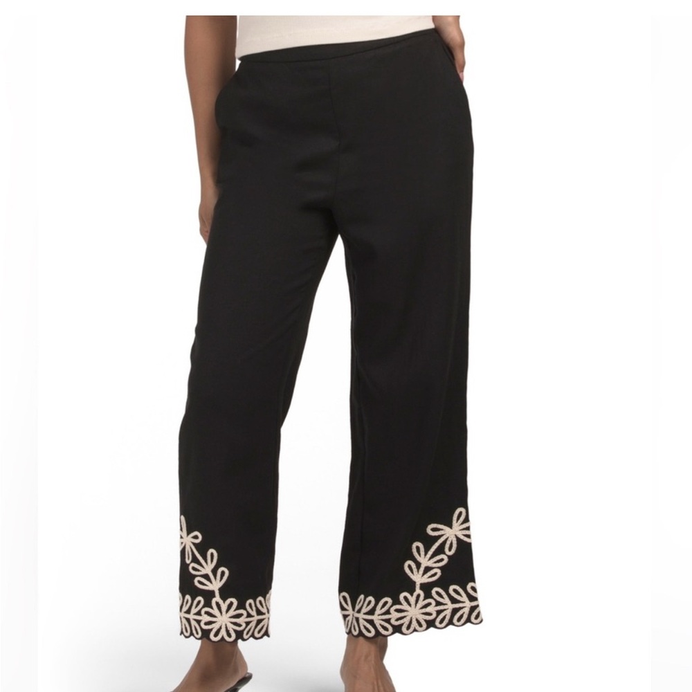 Maison d’Amélie Linen Blend Wide Leg Crop Pants Black Embroidered Hem Sz 8